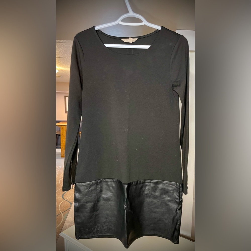 Black Long Sleeve Dress with Faux Leather Detail